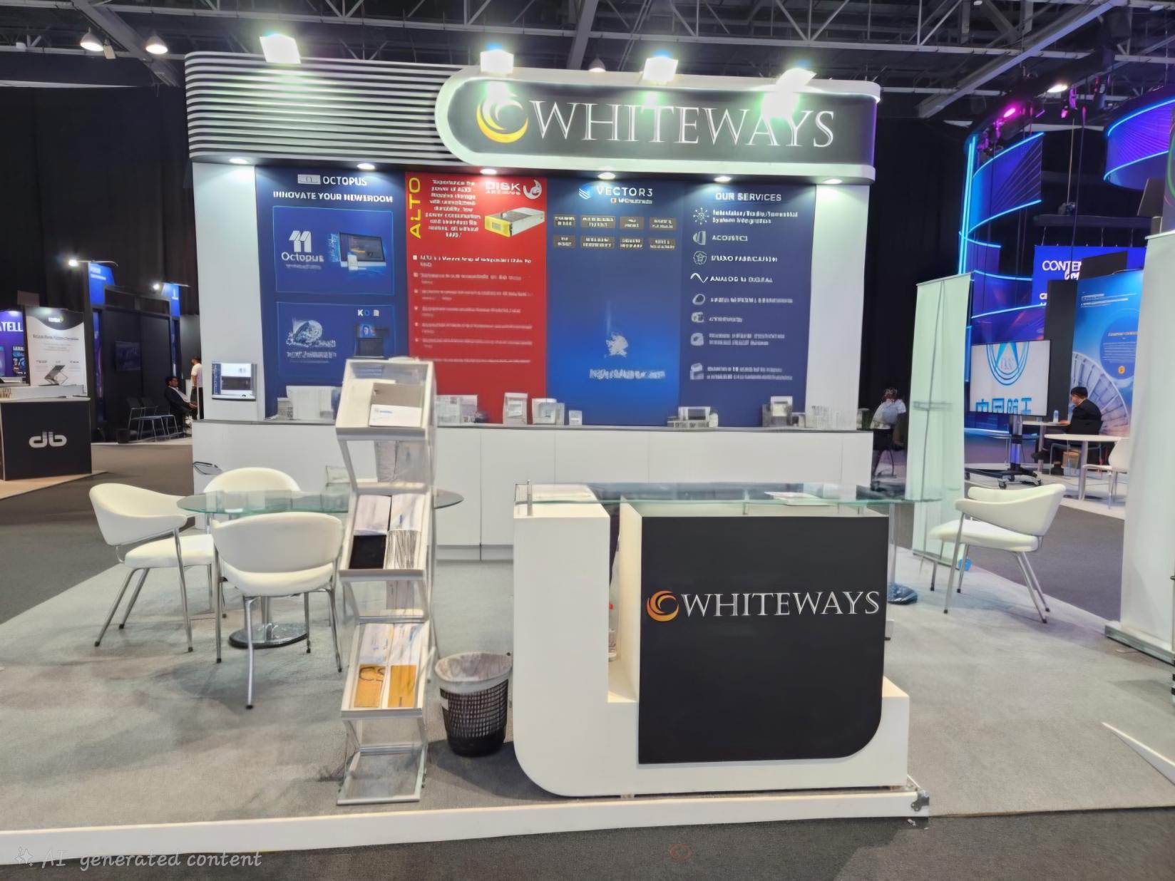 Whiteways ME FZE CABSAT 2026 exhibition booth in Dubai